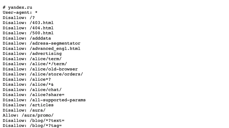 Файл robots.txt с директивами Disallow для служебных адресов