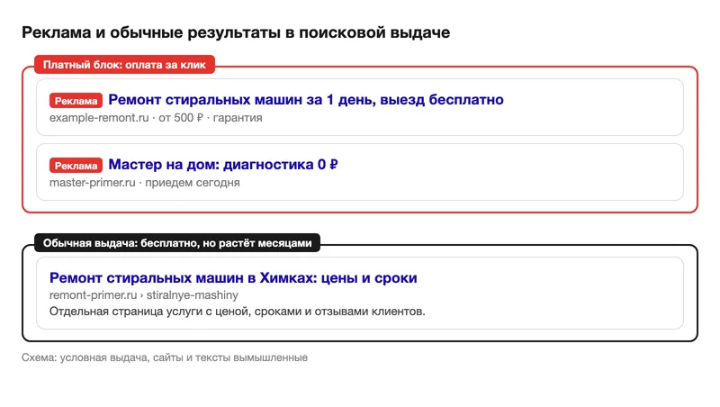 Схема выдачи: сверху платные объявления с пометкой «Реклама», ниже обычный результат без оплаты за клик