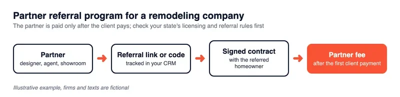Flow chart of a partner referral program: partner, referral link or code, signed contract, partner fee after the first client payment
