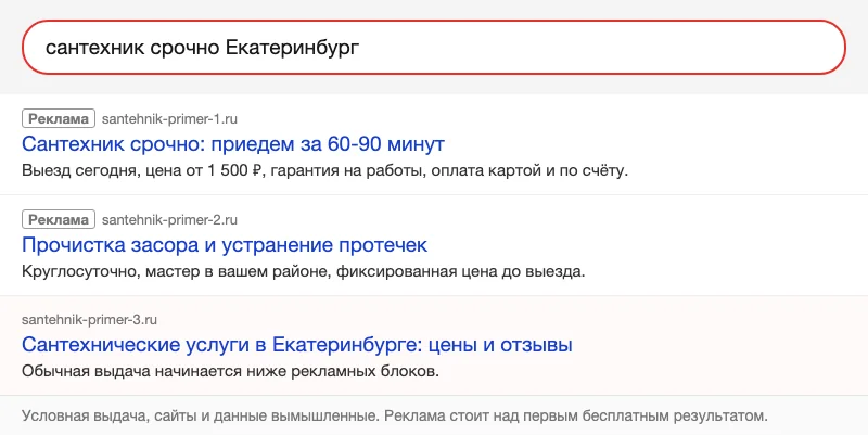 Условная выдача: две рекламы над бесплатным результатом