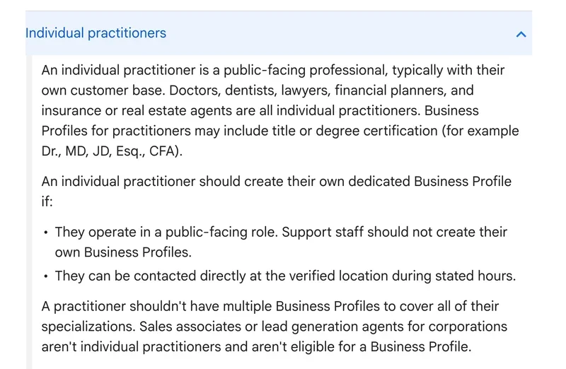 Google Business Profile guidelines for individual practitioners such as lawyers