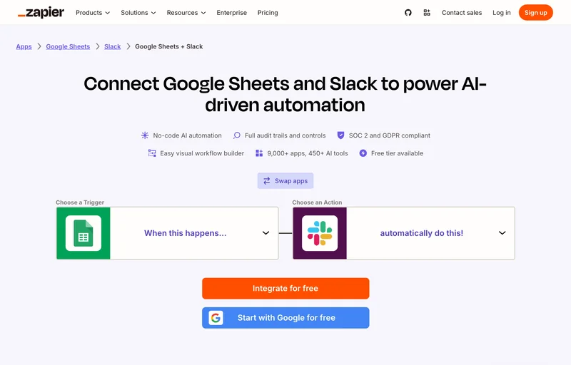 Страница интеграции Google Sheets и Slack у Zapier
