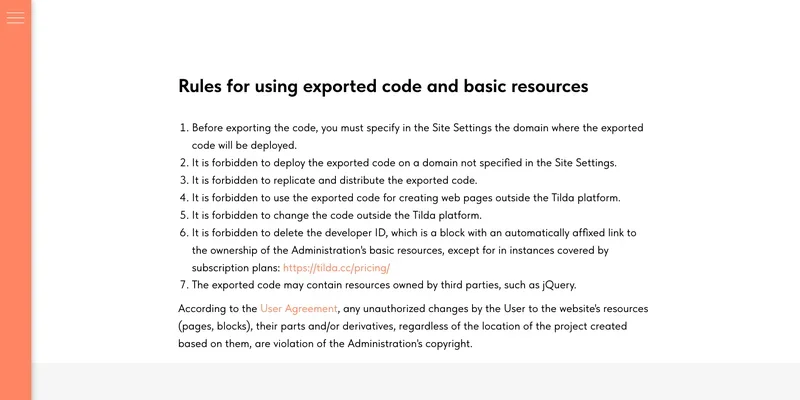 Tilda help page with rules for using exported code, including the ban on changing code outside the platform