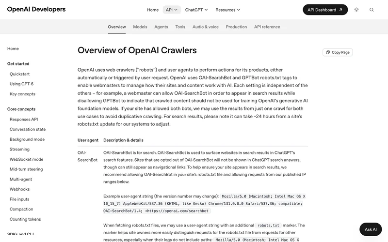 Страница обзора роботов OpenAI с описанием OAI-SearchBot и GPTBot