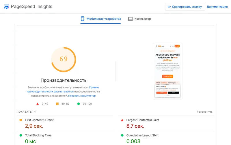 Отчёт PageSpeed Insights для мобильной версии сайта redhunt.pro: оценка производительности и показатели скорости