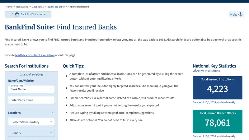 FDIC BankFind Suite page for finding FDIC-insured banks