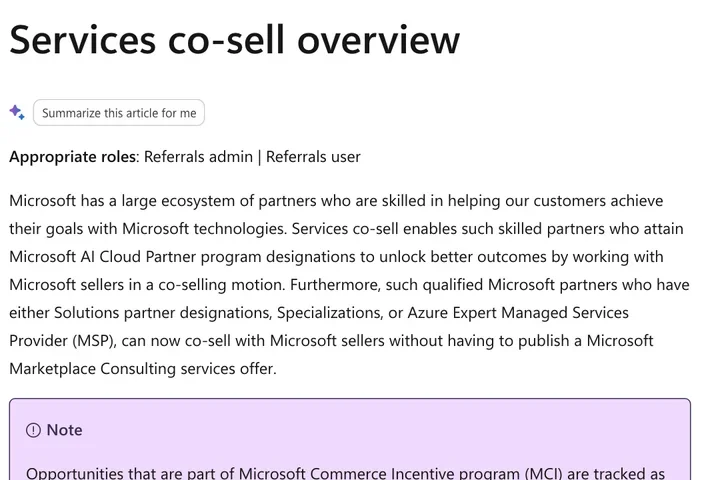 Screenshot of the Microsoft Partner Center services co-sell overview