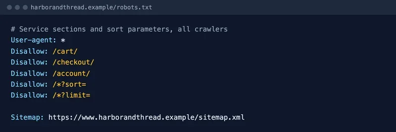 Example robots.txt file with Disallow rules for cart, checkout, account and sort parameters