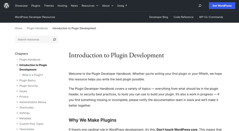 Страница Introduction to Plugin Development справочника разработчика WordPress