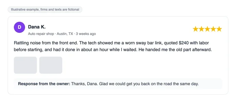 Fictional detailed customer review of an auto repair shop in Austin: five stars, what broke, the price of the repair and how long it took