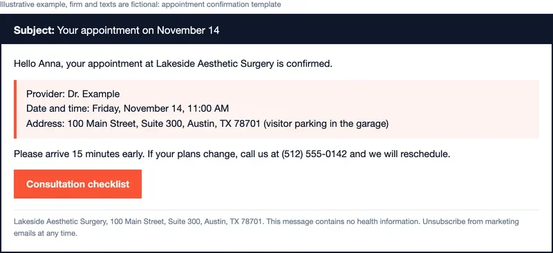 Sample appointment confirmation email with a neutral subject line, date, time, address and a note to arrive early