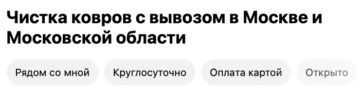 Фильтры блока организаций в выдаче Яндекса по запросу чистка ковров с вывозом