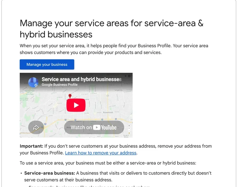 Screenshot of the Google Business Profile Help page Manage your service areas for service-area and hybrid businesses