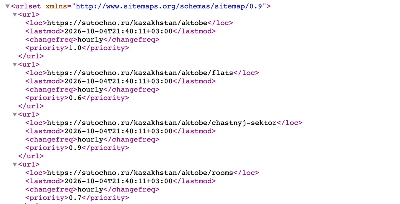 XML-карта сайта сервиса бронирования со списком адресов страниц