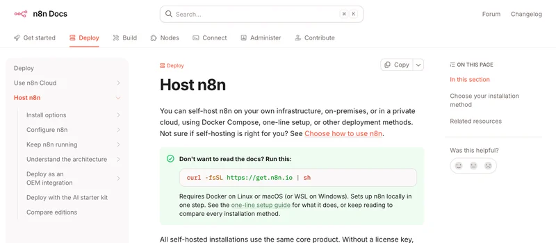 Страница документации n8n о самостоятельном размещении