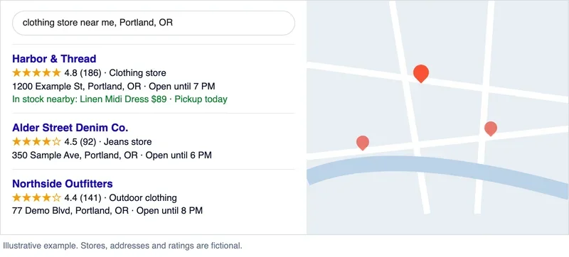 Mockup of Google local results for clothing stores in Portland, Oregon, with ratings, hours and a map