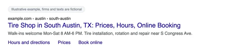 Mock Google result for a location page with a title, a description and three sitelinks: Hours and directions, Prices, Book online