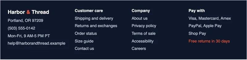 Mockup of an online store footer with customer care links, company links, payment methods and contact details