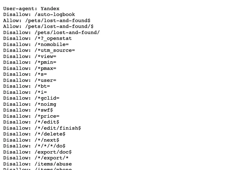 Файл robots.txt с блоком для робота Яндекса и списком закрытых параметров