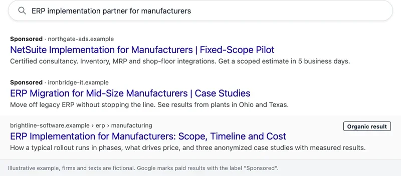 Illustrative Google results page with two sponsored ads above an organic result