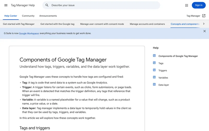 Страница справки Google Tag Manager с определениями тега, триггера, переменной и слоя данных