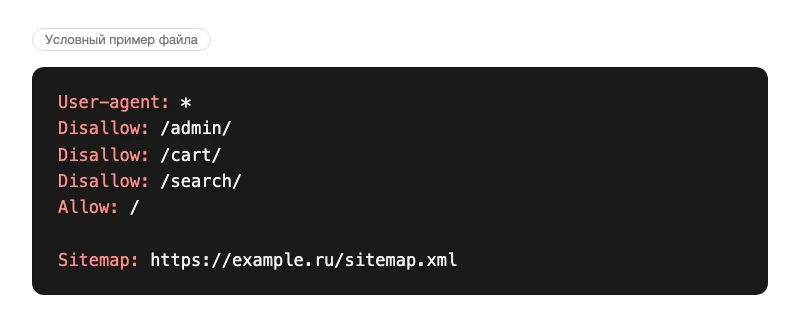 Условный пример robots.txt: закрыты админка, корзина и поиск, остальное открыто, указан адрес карты сайта