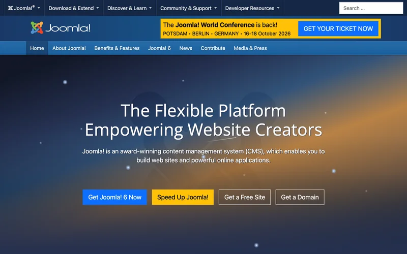 Главная страница Joomla с заголовком The Flexible Platform