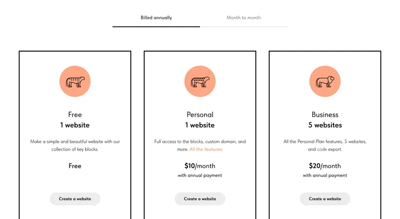 Tilda pricing page showing Free, Personal at $10 per month and Business at $20 per month with annual payment