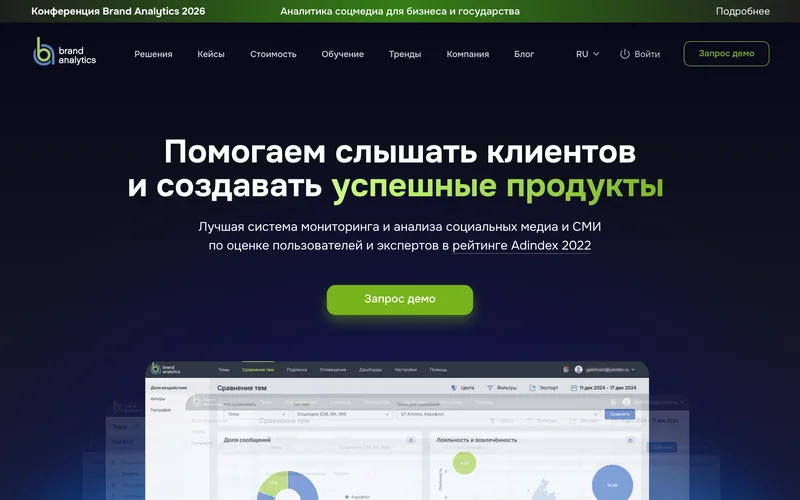 Главная страница Brand Analytics с меню и кнопкой запроса демо