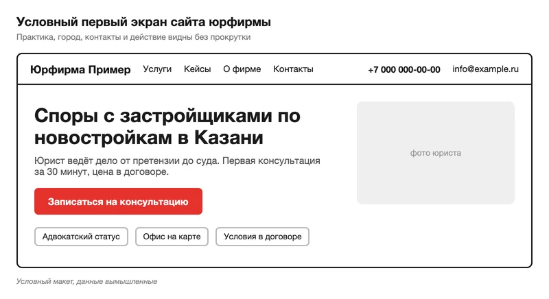 Условный первый экран сайта юрфирмы