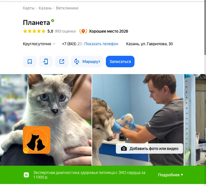 Карточка ветклиники в Яндекс Картах
