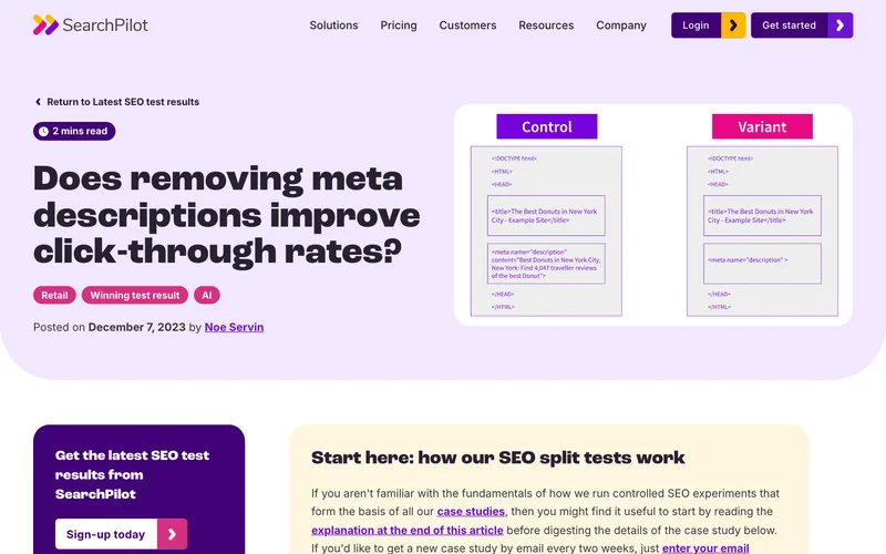 Страница кейса SearchPilot об удалении мета-описаний