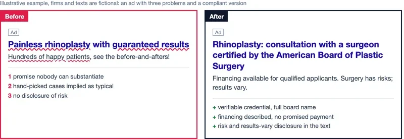 Two hypothetical ads side by side: one with three problems marked and a corrected version with verifiable facts
