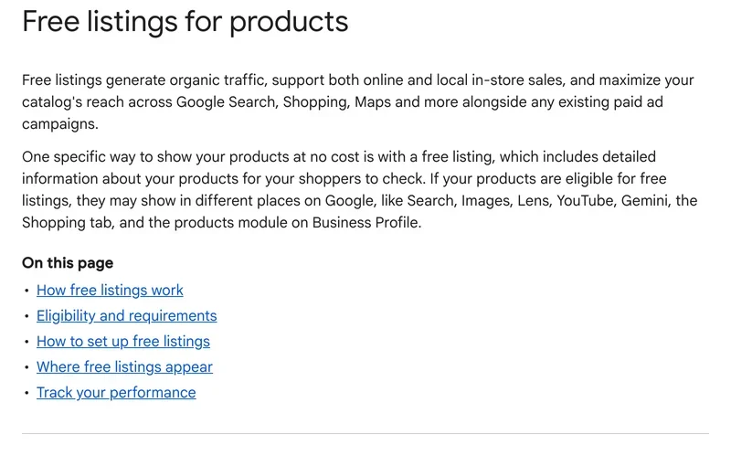 Google Merchant Center Help page Free listings for products