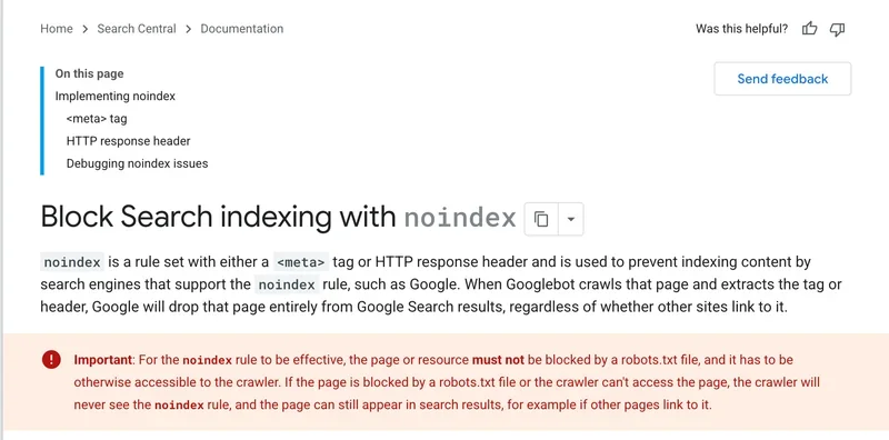 Google Search Central page on blocking indexing with noindex and the warning about robots.txt