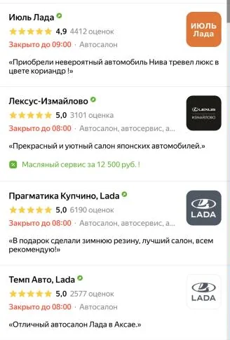 Яндекс Карты: список автосалонов