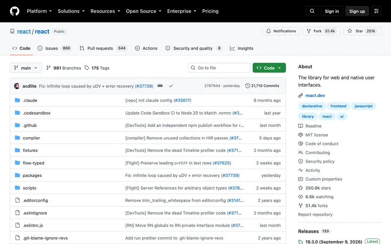 Страница репозитория react/react на GitHub