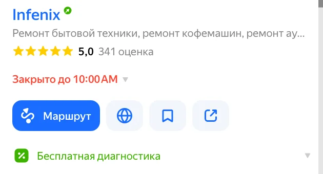 Карточка организации на Яндекс Картах: рейтинг, кнопки маршрута и сайта, акция и вкладки с услугами и фото