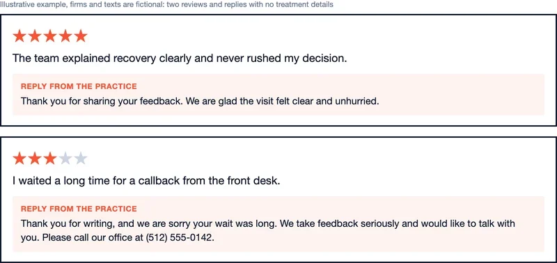 Two hypothetical reviews and the practice's replies that contain no treatment details