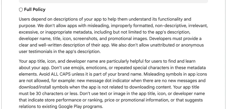 Google Play Console help page on metadata policy with the 30-character title limit