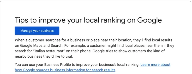 Google Business Profile Help page titled Tips to improve your local ranking on Google, with the intro text about local results on Google Maps and Search