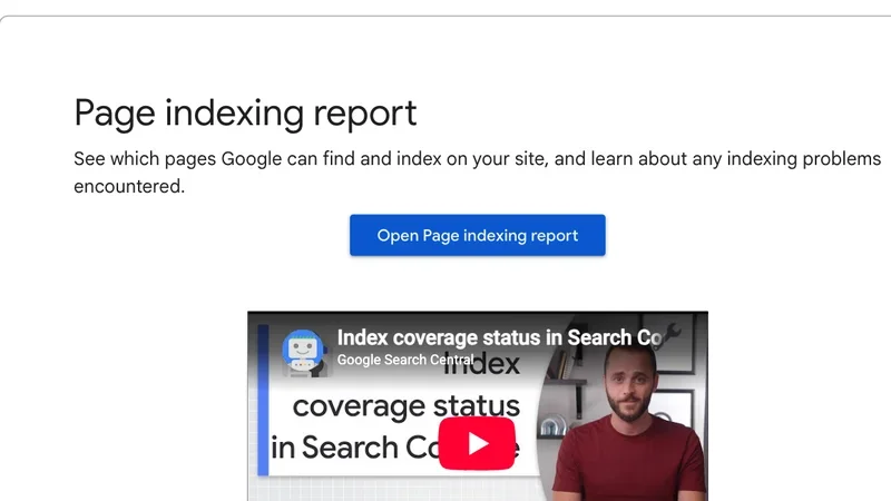Google Search Console Help page for the Page indexing report with a button to open the report