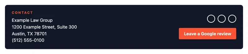 Mockup of a law firm website footer with address and phone as text and a Leave a Google review button