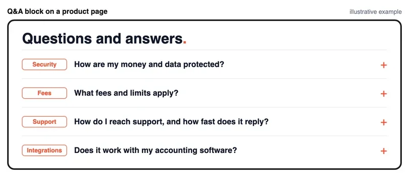 Accordion block of questions and answers on a fintech product page