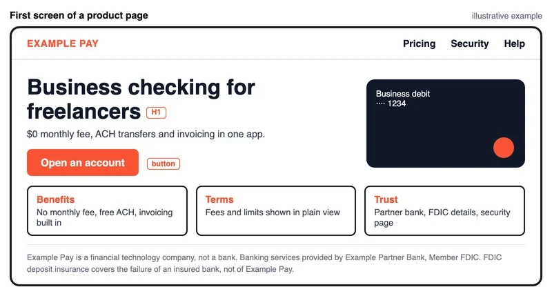 Mockup of the first screen of a fintech product page with headline, button, benefits and partner bank disclosure