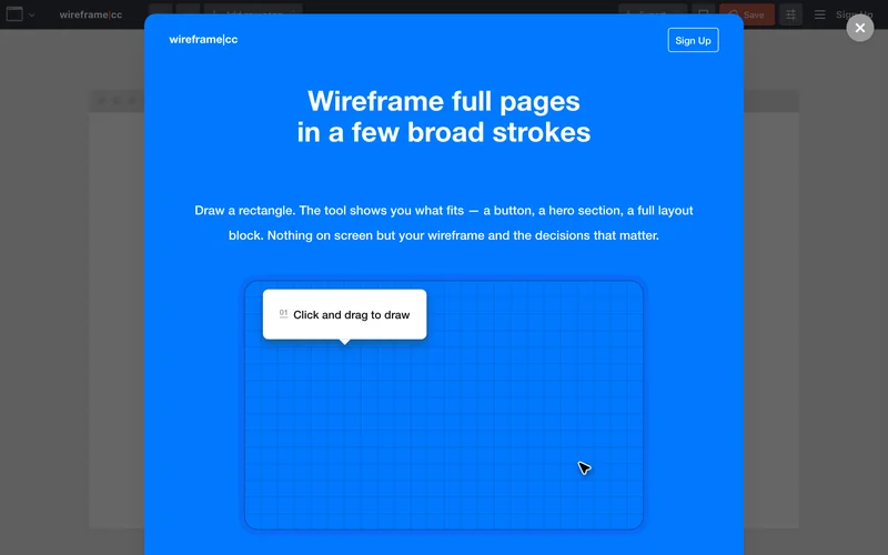 Стартовое окно минималистичного редактора Wireframe.cc