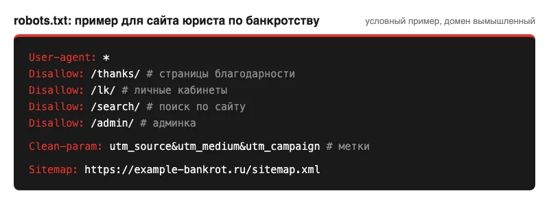 Пример файла robots.txt для сайта юриста по банкротству с запретами и адресом sitemap