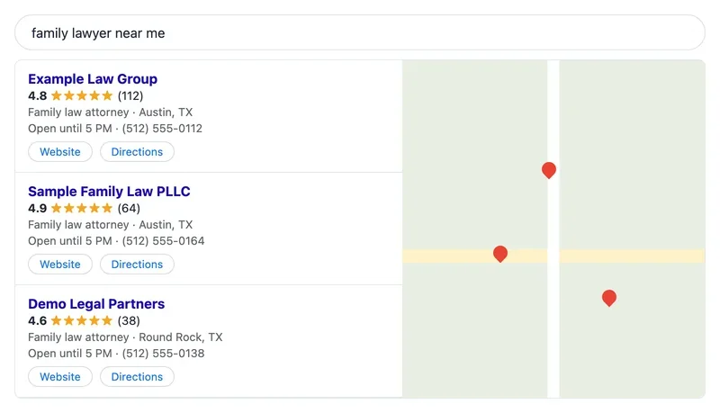Mockup of a Google map pack with three family law firms in Austin and Round Rock