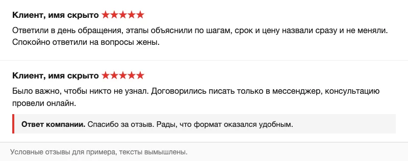 Условные отзывы клиентов юриста без имён