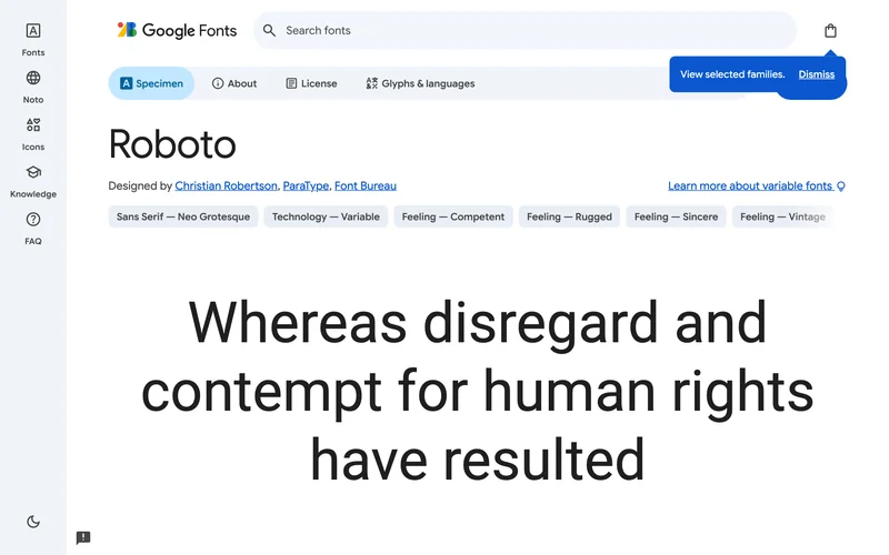 Страница шрифта Roboto в Google Fonts с крупным примером текста